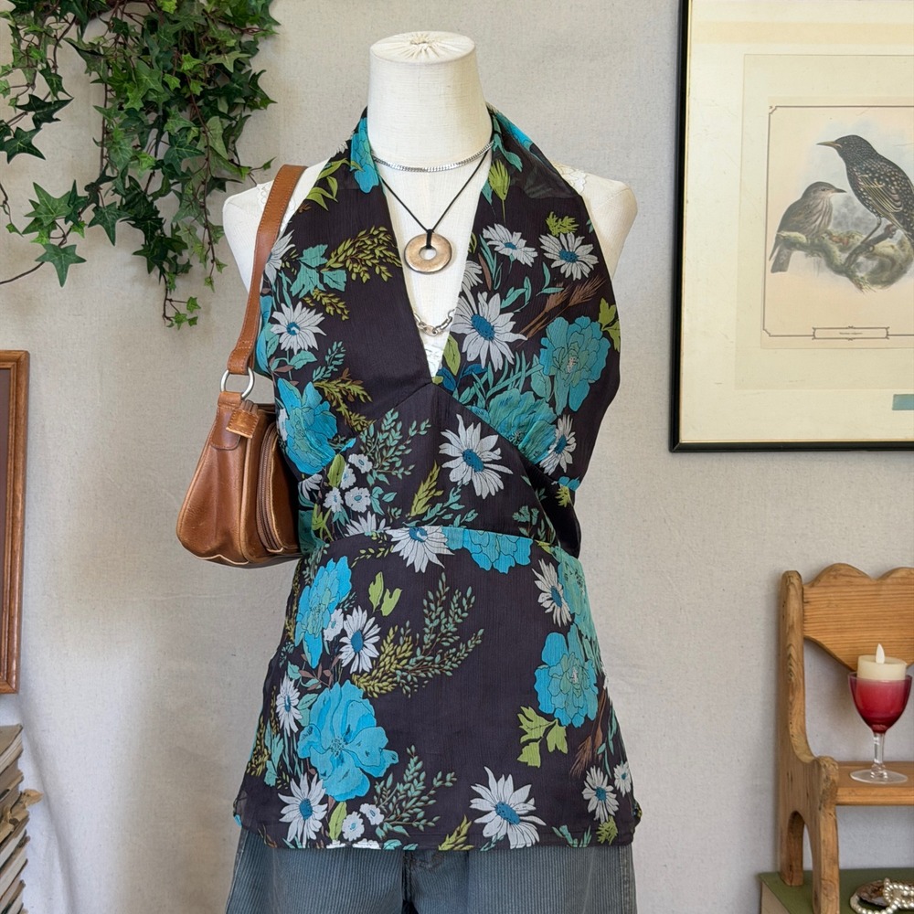Brown Floral Halter Top Boho Y2K 00s Size S Indie Girly Feminine
